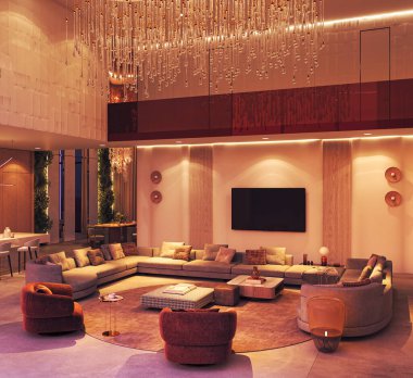 Heykel avizesi, kıvrımlı bölgesel oturma, çevre aydınlatması ve sıcak çağdaş dekor içeren lüks modern yaşam alanı. 