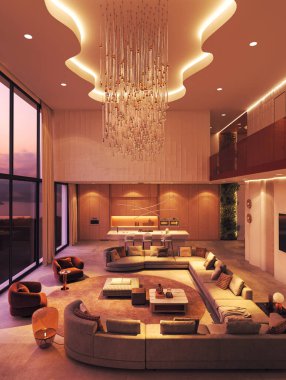 Heykel avizesi, kavisli kanepe, modern mutfak adası ve dramatik günbatımı aydınlatması içeren büyük açık konsept iç mekan.. 