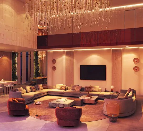 Heykel avizesi, kıvrımlı bölgesel oturma, çevre aydınlatması ve sıcak çağdaş dekor içeren lüks modern yaşam alanı. 