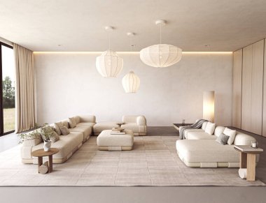 Zarif minimalist oturma odası büyük krem kanepeler, yumuşak ışıklandırma, kolye lambaları ve doğal dokular sakinleştirici bir atmosfer yaratıyor.. 