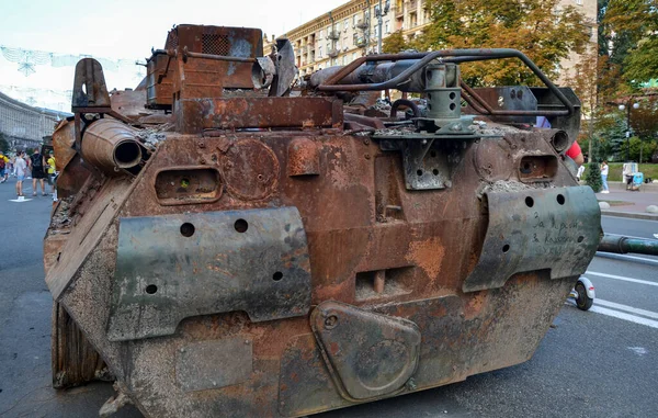 Stock image Destroyed as a result of an artillery strike BTR-82A armored personnel carrier of russian invaders on Khreshchatyk Street in the center of Kyiv, the capital of Ukraine