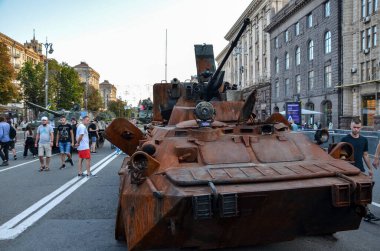 Burnt and damaged russian tanks, various armoured vehicles and rocket launchers, parked in the central Khreshchatyk street during exhibition in Kyiv