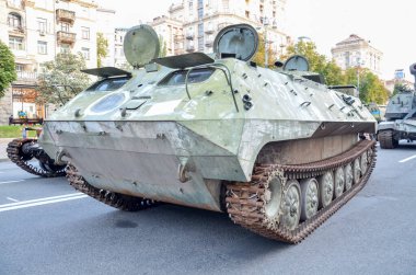 Dozens of destroyed enemy tanks and armor displayed during an exhibition of crushed Russian military vehicles on Khreshchatyk street in center of Kyiv