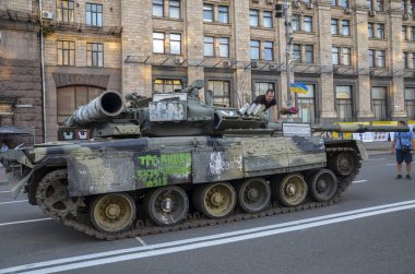 Broken down and rusting russian tanks in in Khreshchatyk, the main street of Kyiv during exhibition before Independence Day of Ukraine