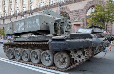 Destroyed Russian military vehicles located on the main street Khreshchatyk are seen as part of the celebration of Independence Day in central Kyiv