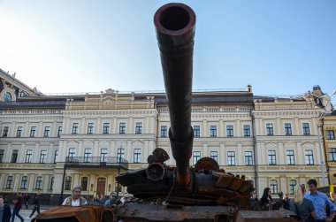 Burnt and damaged russian tanks, various armoured vehicles and rocket launchers, parked in the central Khreshchatyk street during exhibition in Kyiv