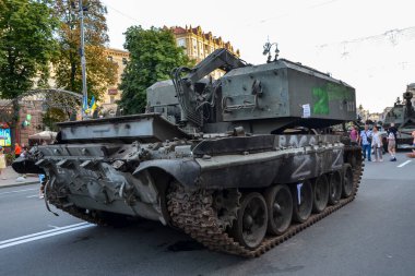 Burnt and damaged russian tanks, various armoured vehicles and rocket launchers, parked in the central Khreshchatyk street during exhibition in Kyiv