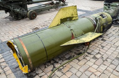 Damaged missile OTR-21 Tochka at exhibition of destroyed russian military vehicles and equipment takes place in Mykhailivska Square, Kyiv, capital of Ukraine.