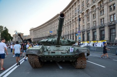 Battle tank T-72B3M at exhibition of captured and destruction of russian equipment on Khreshchatyk in Kyiv.