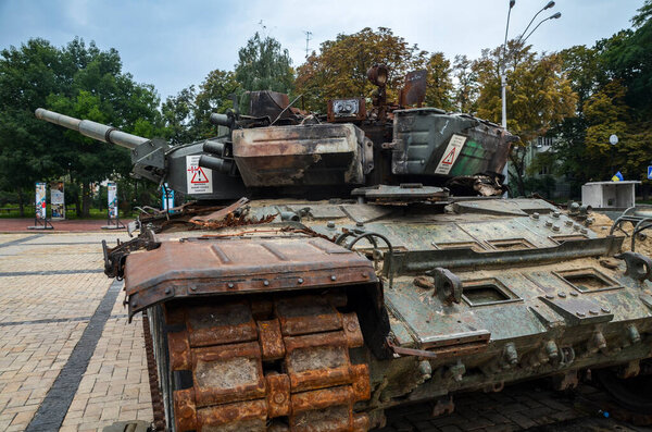 A burned-out russian tank T-90A costing 4 million dollars displayed at exhibition of destroyed russian military vehicles in Kyiv, Ukraine