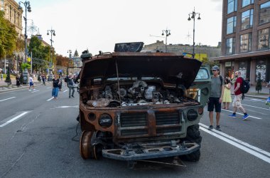 Destroyed russian army all-terrain Tigr-M (Tiger) infantry mobility vehicles parked in the central Khreshchatyk street during exhibition in Kyiv