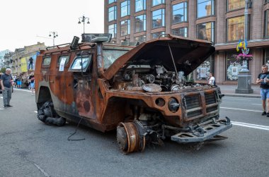 Destroyed russian army all-terrain Tigr-M (Tiger) infantry mobility vehicles parked in the central Khreshchatyk street during exhibition in Kyiv