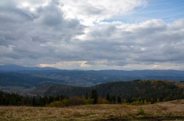Sonbahar Karpat tepeleri, sarı kuru otlar ve alçak bulutlu, gökyüzünün altında renkli ağaçlar. Karpatlar, Ukrayna 