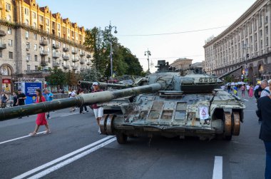 Broken down and rusting russian tanks in in Khreshchatyk, the main street of Kyiv during exhibition before Independence Day of Ukraine