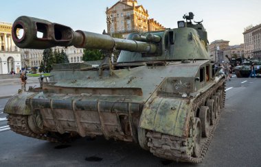 An exhibition of the destroyed Russian military equipment in downtown Kyiv, at Khreshchatyk Street before Independence Day of Ukraine