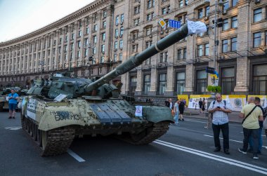 Dozens of destroyed enemy tanks and armor displayed during an exhibition of crushed Russian military vehicles on Khreshchatyk street in center of Kyiv