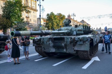 Burnt and damaged russian tanks, various armoured vehicles and rocket launchers, parked in the central Khreshchatyk street during exhibition in Kyiv