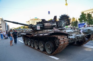 Burnt and damaged russian tanks, various armoured vehicles and rocket launchers, parked in the central Khreshchatyk street during exhibition in Kyiv