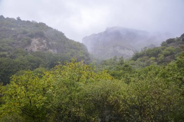 Ermenistan 'ın en etkileyici ve gizemli yerlerinden biri olan Khndzoresk Mağara şehrinin sisi ile kaplı derin bir vadinin dik yamaçları. 