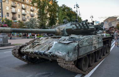 Battle tank at exhibition of captured and destruction of russian equipment on Khreshchatyk in Kyiv. 