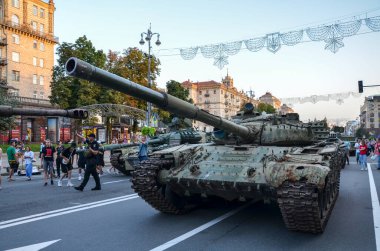Battle tank at exhibition of captured and destruction of russian equipment on Khreshchatyk in Kyiv. 