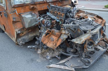 Burned and destroyed russian Tigr-M infantry mobility vehicle at exhibition of captured and destruction of russian equipment on Khreshchatyk in Kyiv.