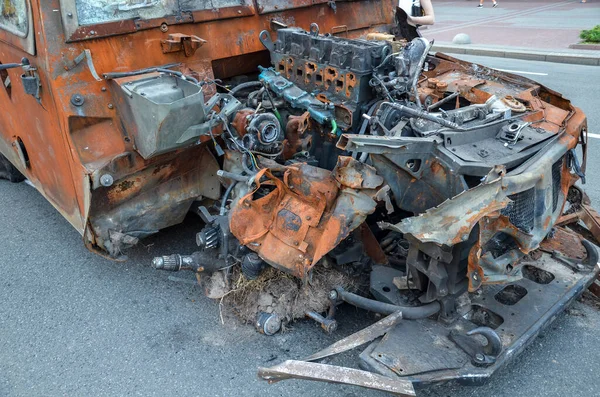 Burned and destroyed russian Tigr-M infantry mobility vehicle at exhibition of captured and destruction of russian equipment on Khreshchatyk in Kyiv.