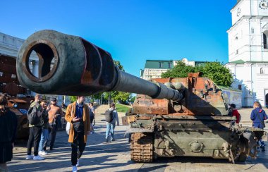 Destroyed military self-propelled howitzer Msta-S of the russian army at an exhibition on St. Michael's Square in Kyiv, Ukraine