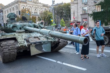 Battle tank at exhibition of captured and destruction of russian equipment on Khreshchatyk in Kyiv. 