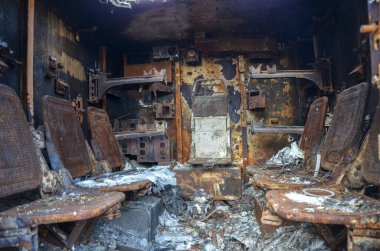 Burned interior of russian military vehicles shot down during the battle for Kyiv