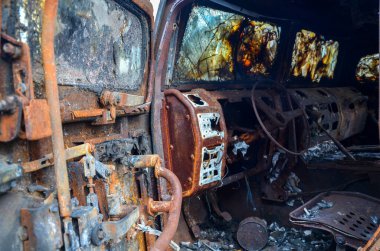 Burned interior of russian military vehicles shot down during the battle for Kyiv