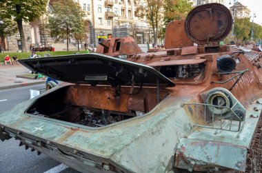 russian military equipment destroyed by Ukrainian forces display in Khreshchatyk, the main street of Kyiv, Ukraine's capital city.
