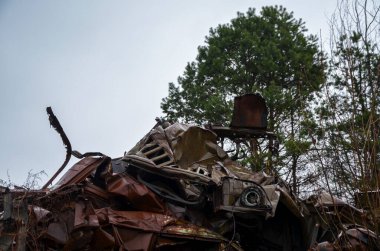 Bunch of old rotten rusty automobile abandoned in the woods. Car dump