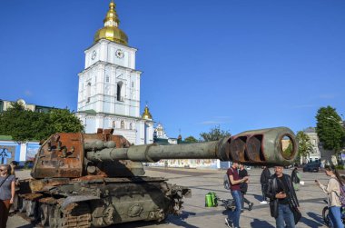 Destroyed self-propelled howitzer Msta-Sof the russian army at an exhibition on St. Michael's Square in Kyiv, Ukraine