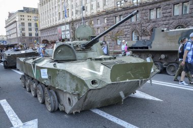 Exhibition of the destroyed russian military equipment in downtown Kyiv, at Khreshchatyk Street before Independence Day of Ukraine