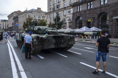 Crushed russian tank at the exhibition of destroyed russian equipment in Kyiv