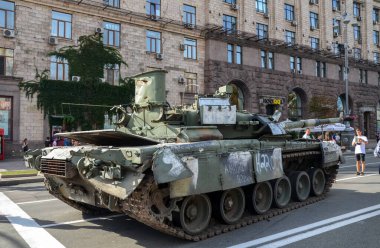 Burned and destroyed russian tank during the war in Ukraine
