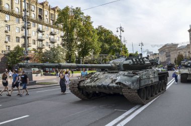 Tank captured by Ukrainian forces displayed at Khreshchatyk street in Kyiv during an exhibition of russian military equipment