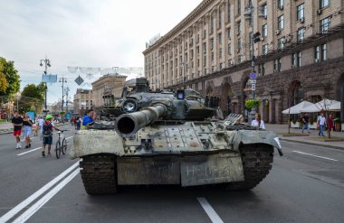 Destroyed russian tanks and military equipment on display for public at Khreshchatyk street in Kyiv, Ukraine 