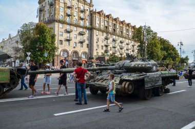 Destroyed russian tanks and military equipment on display for public at Khreshchatyk street in Kyiv, Ukraine 
