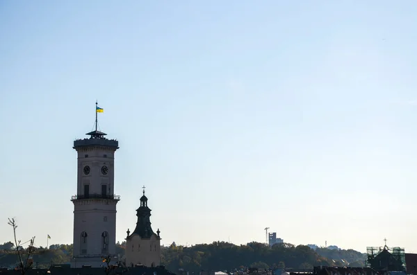 Панорама Історичного Центру Львова Вежею Ратуші Латинським Собором Сонячний Осінній — стокове фото