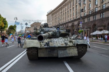 Dozens of destroyed enemy tanks and armor displayed during an exhibition of crushed Russian military vehicles on Khreshchatyk street in center of Kyiv