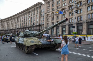 Dozens of destroyed enemy tanks and armor displayed during an exhibition of crushed Russian military vehicles on Khreshchatyk street in center of Kyiv