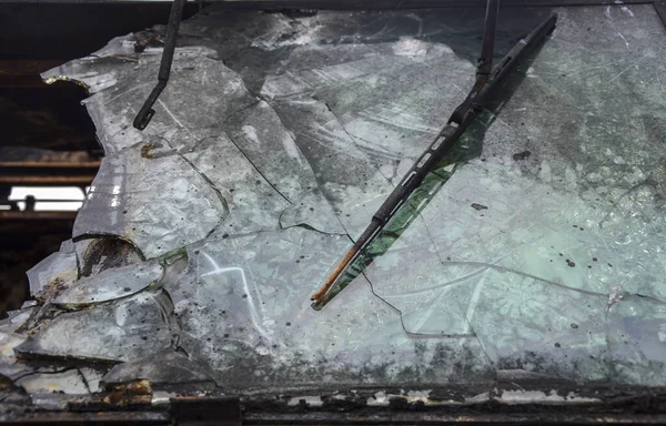 Broken Windshield Abandoned Destroyed Russian Military Car Broken Glass War — Foto Stock