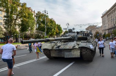 Destroyed russian tanks and military equipment on display for public at Khreshchatyk street in Kyiv, Ukraine
