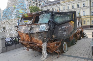 russian Kamaz 63968 Typhoon mine resistant ambush protected vehicle displayed at Mykhailivska Square in Kyiv