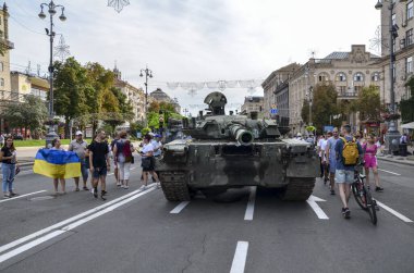 Destroyed russian tanks and military equipment on display for public at Khreshchatyk street in Kyiv, Ukraine