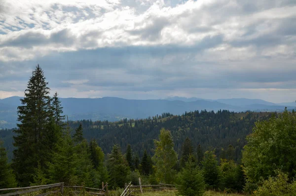 Piękny Widok Malowniczy Grzbiet Górski Las Trawiasta Dolina Pod Zachmurzonym — Zdjęcie stockowe