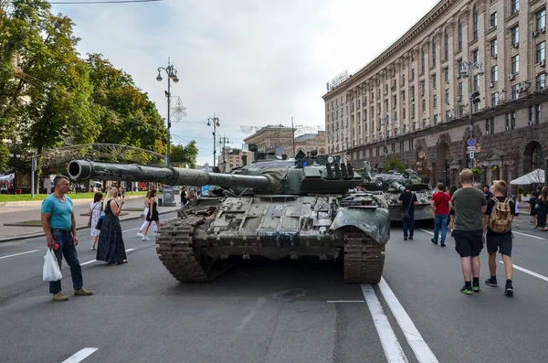 stock image Russian tank crushed by Ukraine army display at exhibition of destroyed Russian equipment on Khreschatyk street in Kyiv