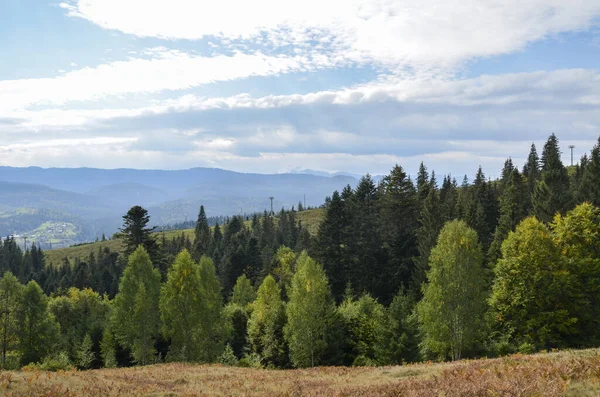 Sommerlandschaft Mit Grünen Bäumen Und Schönen Bergen Hintergrund Unter Bewölktem — Stockfoto